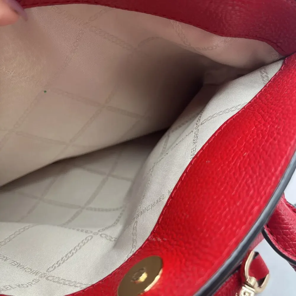 Michael Kors Bright Red Dome Satchel Adele Scarlet Crossbody Bag Pebbled Leather
